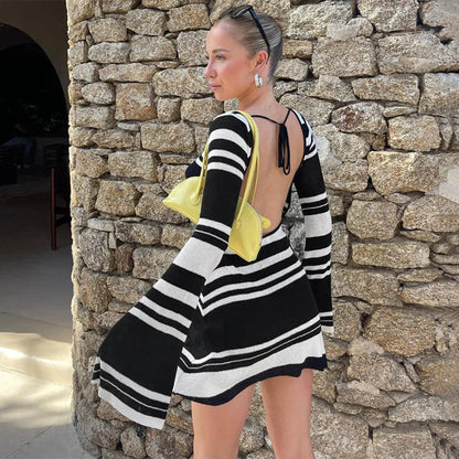 Knitted Backless Dress for Autumn Slim Color Block Mini Dresses Holiday Lace Up High Waist Dress Woman