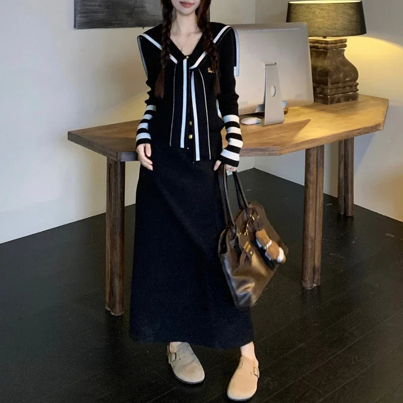 Autumn New Japanese Contrast Color Patchwork Laceup Long Sleeve Cardigan + Loose Knitted Aline Skirt Twopiece Suit