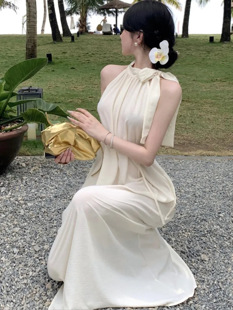 Summer Spring French Halter Dresses Off Shoulder Birthday Party Midi Dress Female Holiday Loose Vestidos