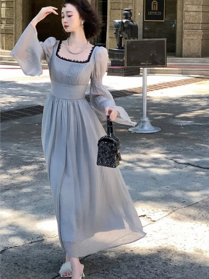 Autumn Princess Midi Dresses for Square Collar Flare Sleeve A-line Party Dress Slim Waist Korean One Piece Vestidos New