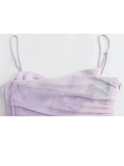 Summer Long Dresses Woman Purple Tulle Tie Dye Sleeveless Backless Ruched Female Slim Midi Party Dress