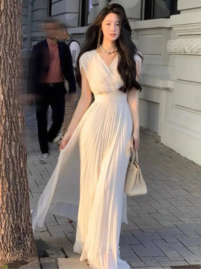 Summer Pleats Long Dresses French V Neck Holiday Party Vestidos High Waist Wedding Robe Clothes