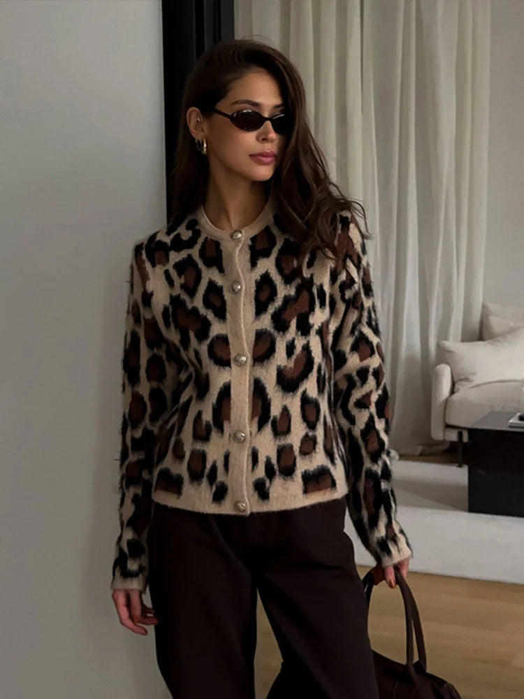 Knitted Leopard Cardigan Slim Single Breasted O-neck Sweaters Female Versatile Basic Street Knitwear