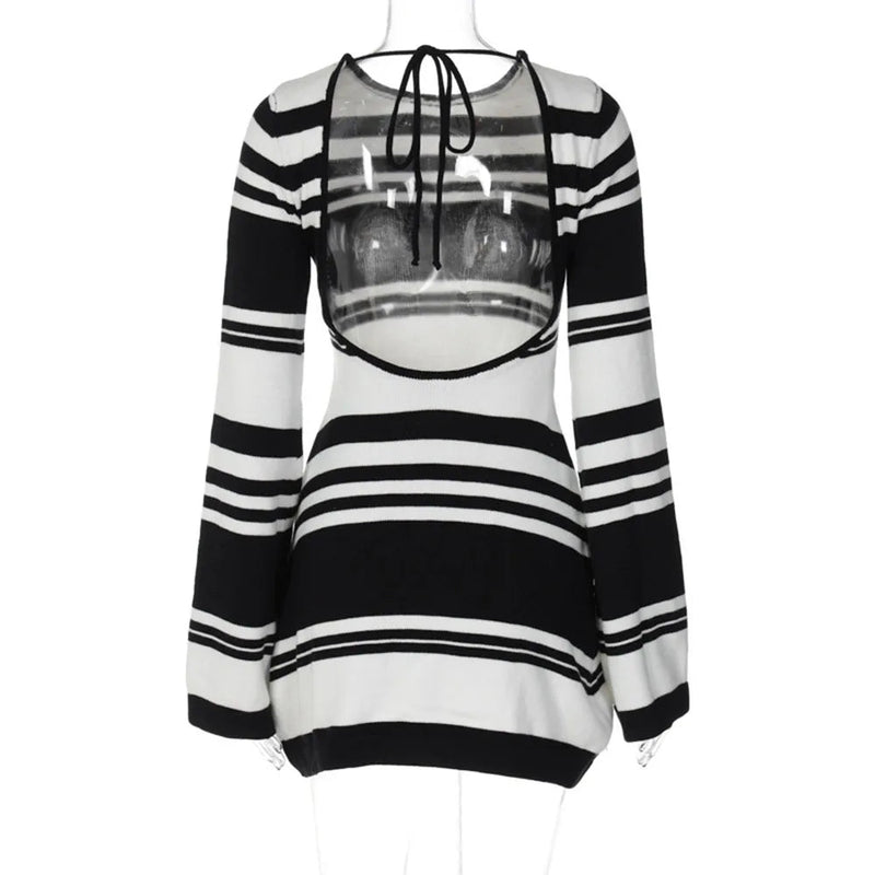 Knitted Backless Dress for Autumn Slim Color Block Mini Dresses Holiday Lace Up High Waist Dress Woman