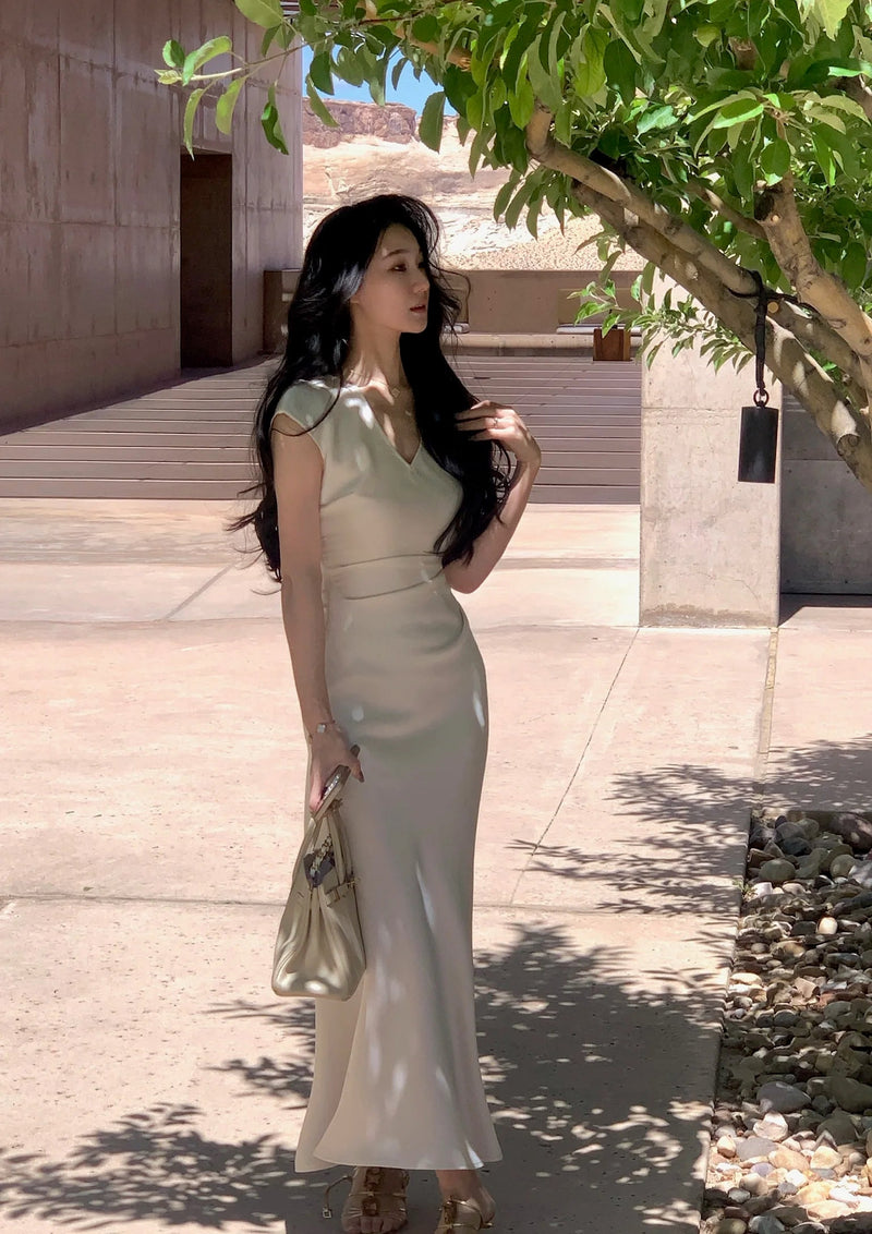 Vneck Slim Midi Dresses for Sleeveless Party Prom Female Clothes Summer
