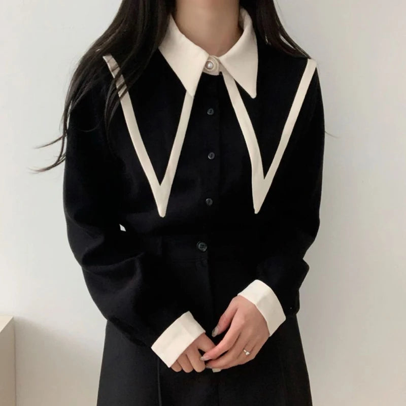 Shirts Korean Patchwork Black Long Sleeve Blouses Office Red Chiffon Tops New