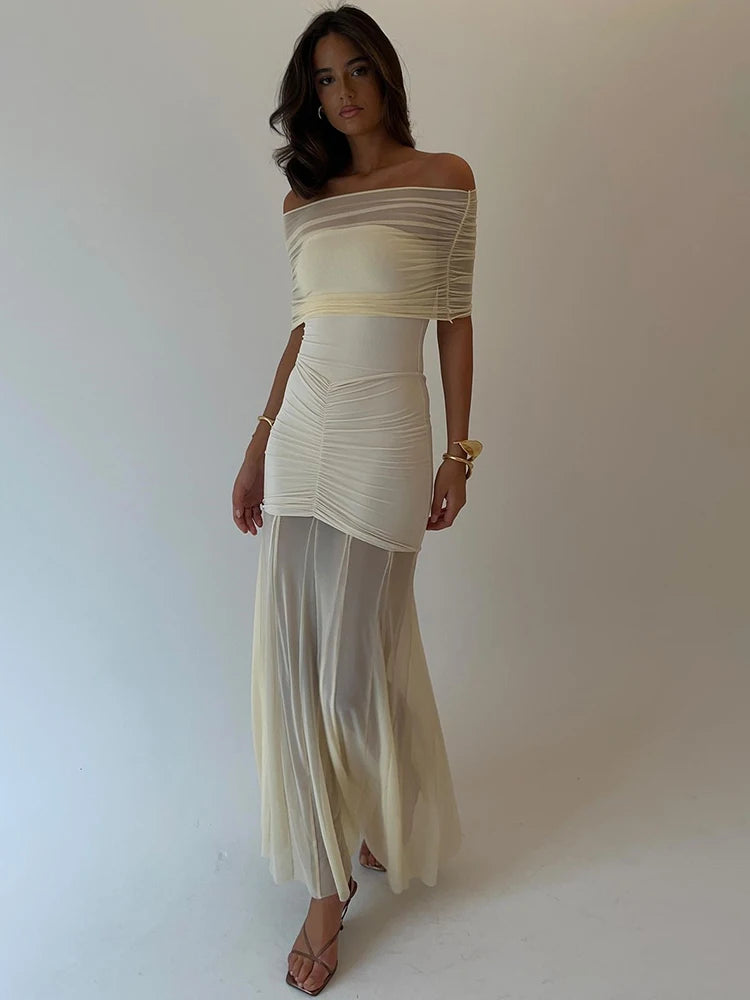 Strapless Pleated Mesh Splice Maxi Dress Two-piece Backless See Through Party Dresses Slim One Step Dress