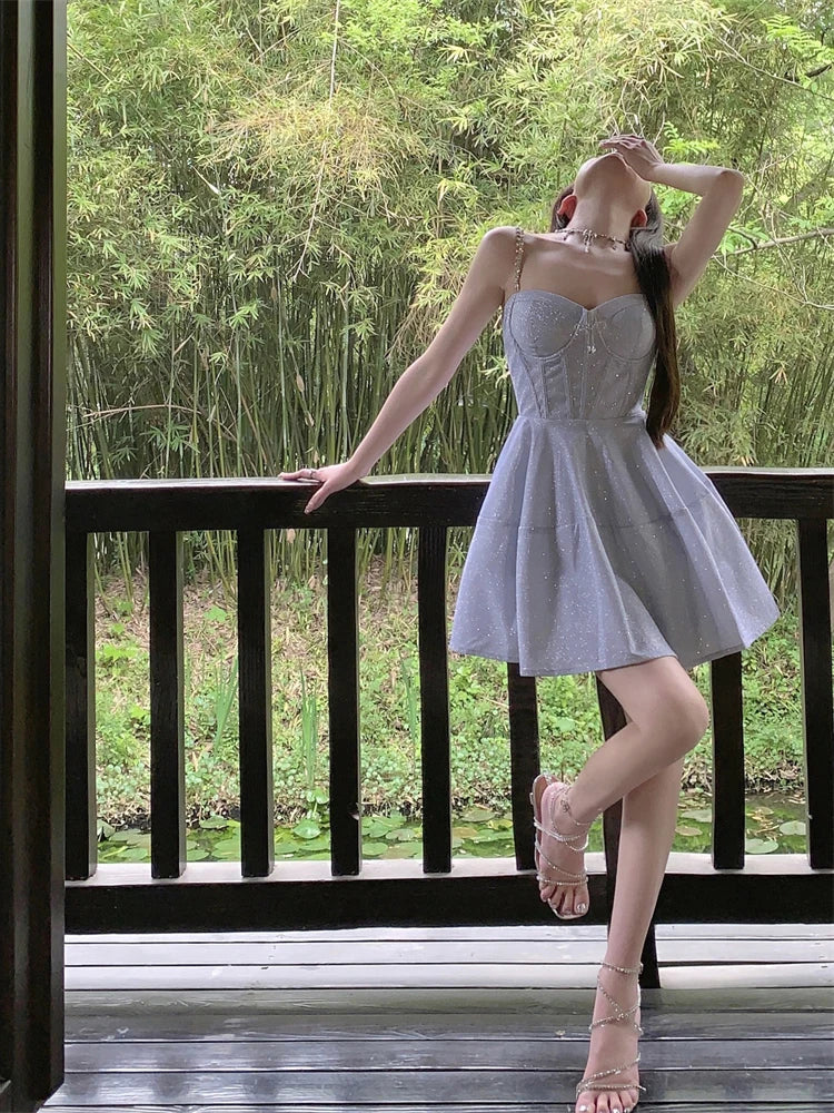 Shiny Dinner Party Dresses Aline Bows Sweet Spring Summer Mini Dress Korean Vestidos Mujer