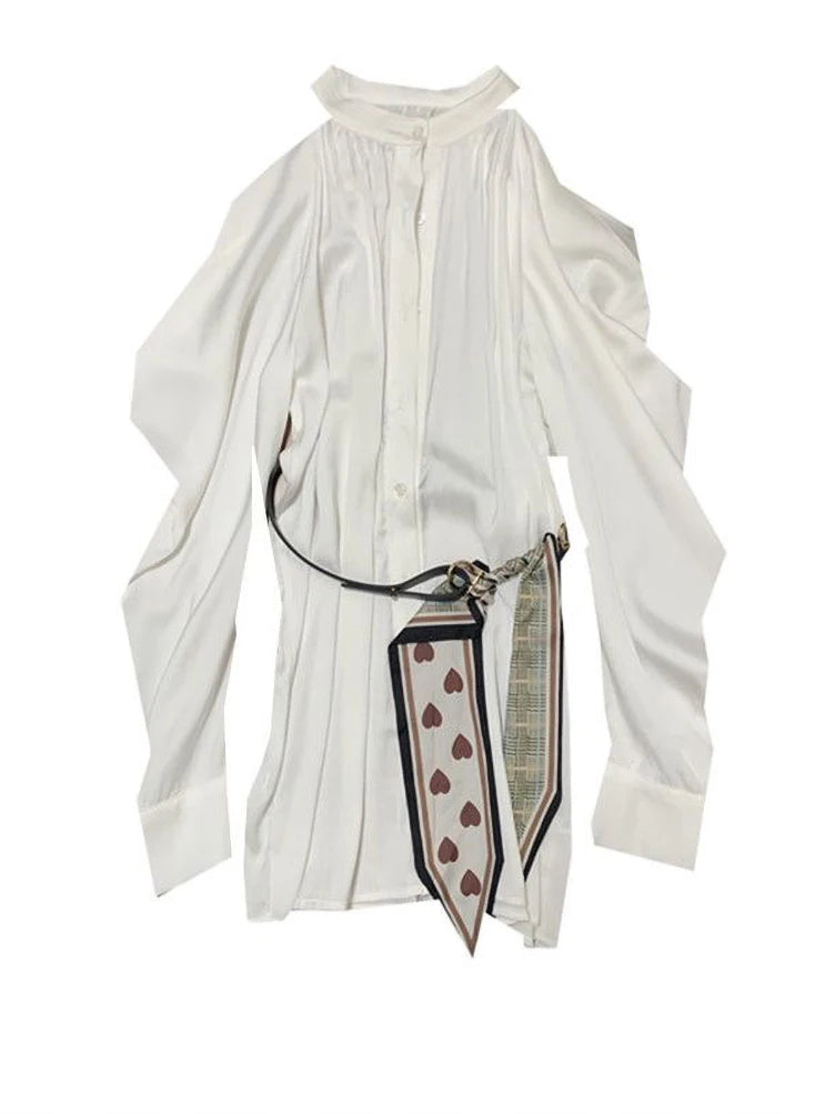 Youth Off Shoulder White Long Shirt Korean Dongdaemun Puff Sleeve Blouses Tops With Belted New