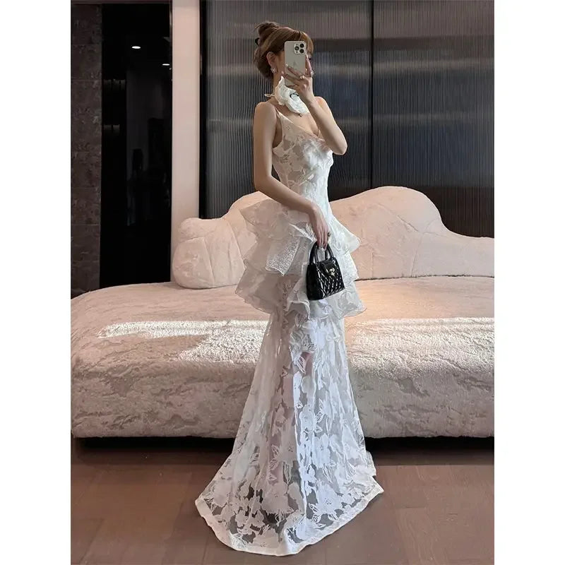Summer White Strap Slip Maxi Dress Flower Backless Printed Lotus Leaf Edge French Light Evening Dresses for