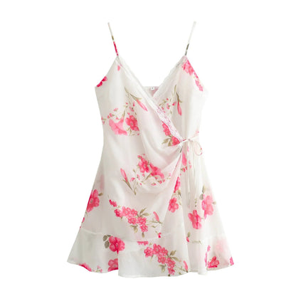 Summer Mini Dress Woman Print Vneck Slip Dresses Female Spaghetti Strap Laceup Slim Dress