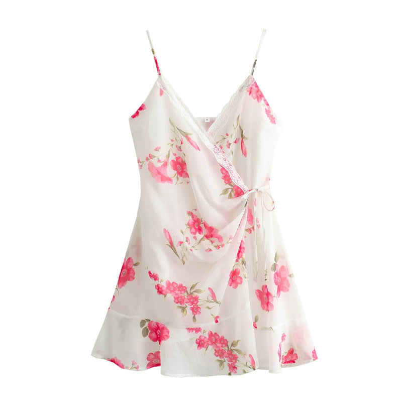 Summer Mini Dress Woman Print Vneck Slip Dresses Female Spaghetti Strap Laceup Slim Dress