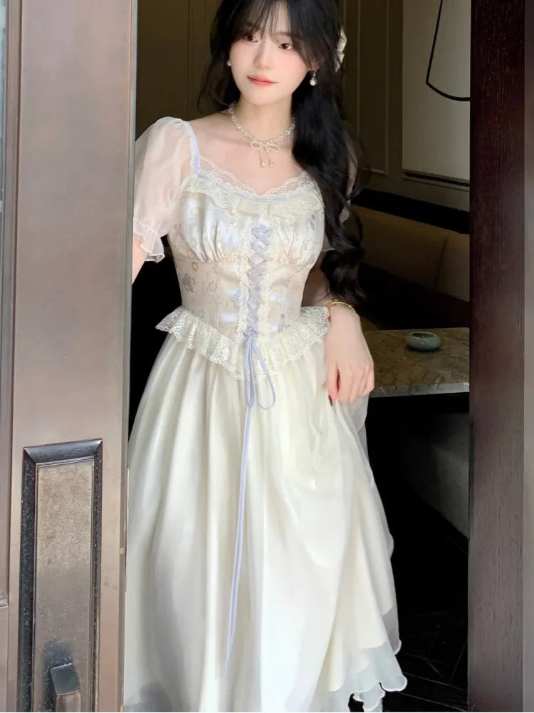 Princess Birthday Party Dress Puff Sleeve Lace-up A-line Midi Dresses for Square Collar Prom Robe Vestidos Mujer