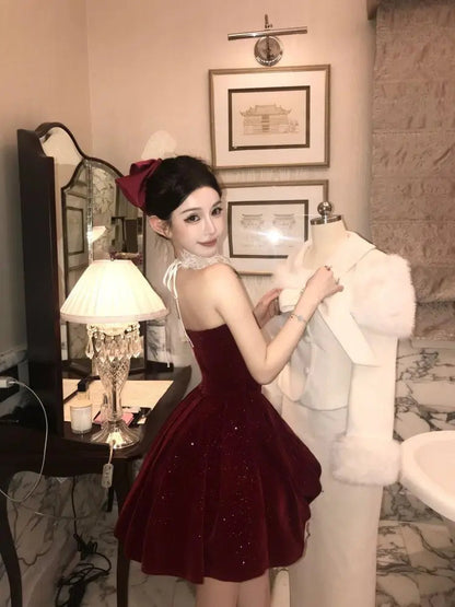 Evening Dresses Velvet Strapless Slim Rhinestone Wedding Party Cocktail Mini Dress Backless Birthday