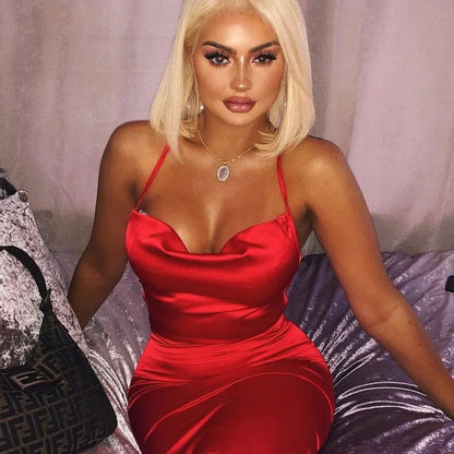 Neon Satin Lace Up Backless Midi Dress