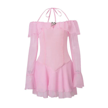 Y2k Pink Ruffles Halter Dress Off Shoulder Long Sleeve Slim a Line Mini Dresses Evening Party Vestidos