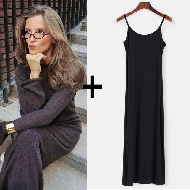 Spring Autumn O-neck Elastic Knit Long Dresses Soft Lady Hollowing Sweater Dresses Femme New