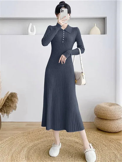 Ribbed Autumn Knit Long Dress for High Waist Long Sleeve Dress Lapel Loose Knitwear Maxi Dress