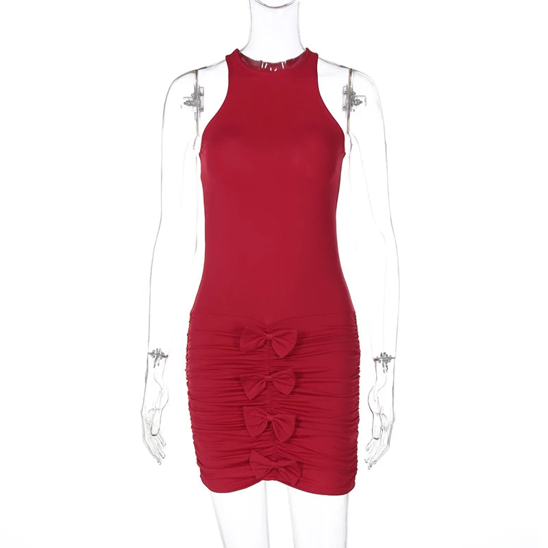 Pleated Bows Bodycon Dress Female Round Collor Sleeveless Mini Dress Splice Hot Girl Club Party Vest Dress