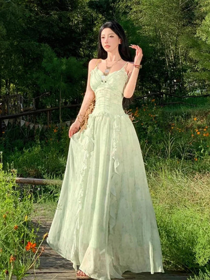 Green Ruffles Sleeveless Bodycon Vneck Summer Holiday Vacation Long Dresses Printed Party Dress Vestidos