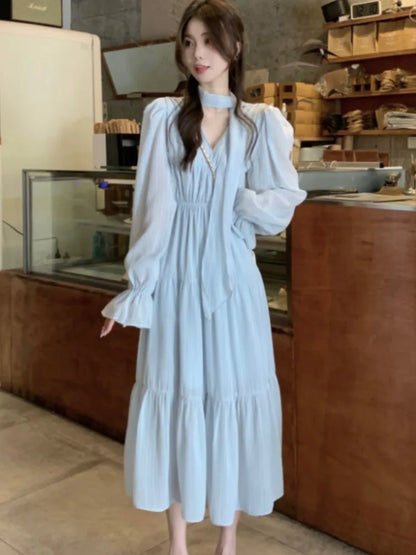 Autumn Midi Dresses for V-neck Flare Sleeves A-line Korean French Vestidos Mujer New