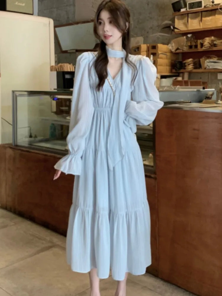 Autumn Midi Dresses for V-neck Flare Sleeves A-line Korean French Vestidos Mujer New