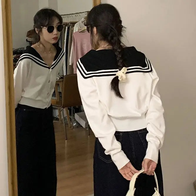 White Navy Collar Knitted Cardigan Age Reduction Clothing Autumn Thin Long Sleeve Sweater Korean Y2k Top