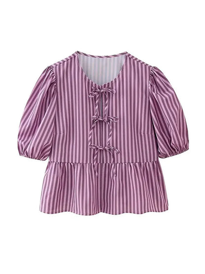Summer Printed Cropped Shirts Top Puff Short Sleeves Round Neck Blouse Female Laceup Tshrit