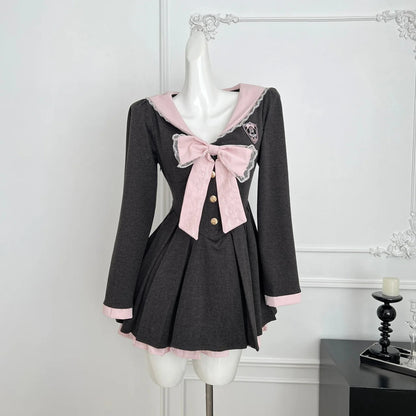 College Style Navy Collar Long Sleeve Pleated Dress Spring/autumn New Sweet Bow Waist Cinched Slim Aline Mini Dress for