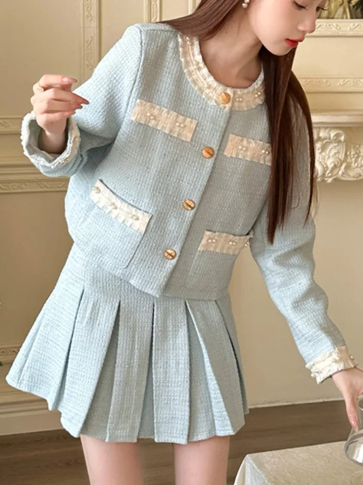 Spring Summer Korean Skirts Suit Coat Aline Pleated Skirts Two Pieces Set Female Clothes New
