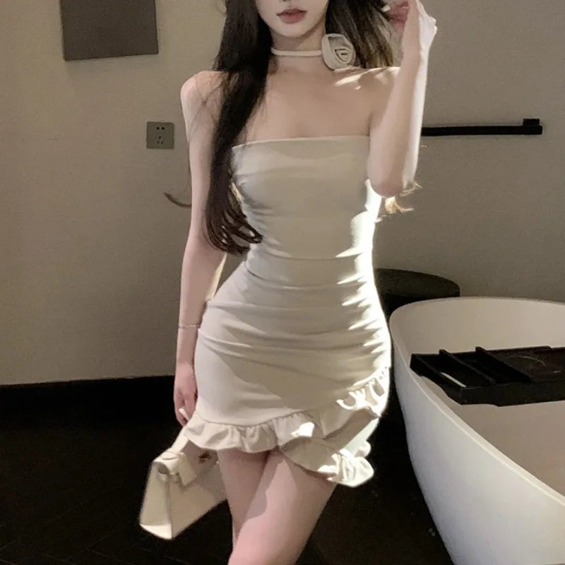 Summer Ruffles Bodycon Mini Dress French Y2k Dress Korean Retro Clothing