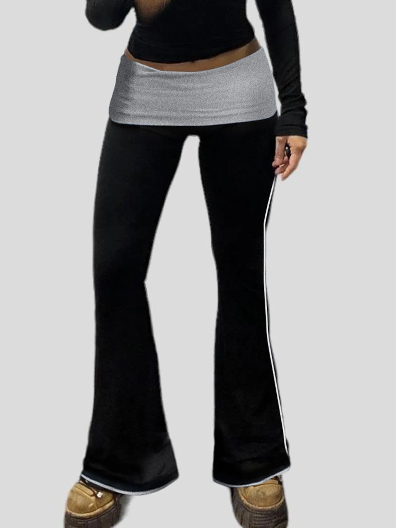 Contrast Binding Waist Slim Basic Flared Pants for American Retro Skinny Sports Jogging Sweatpants