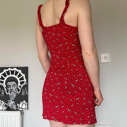 Print Sleeveless Mini Dress Red Fairycore Aline Sundress for Holiday Party Outfits Y2k Robe