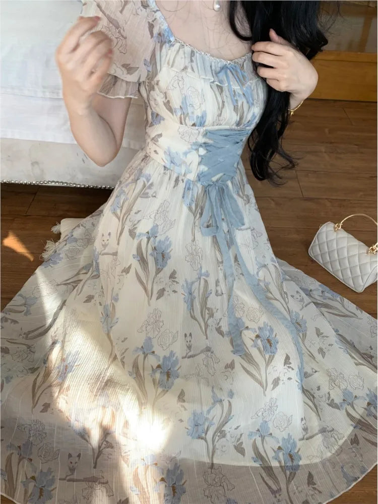 Y2k Midi Dress Kawaii Lolita Laceup Square Collar High Waist Princess Evening Party Dresses Prom Robe Vestido New