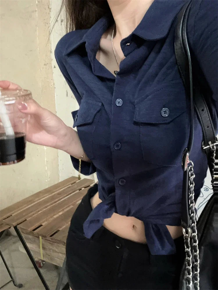 Navy Blue Three Quarter Shirt for Tops Button Up Slim White Blouse Female Autumn Black Clothes