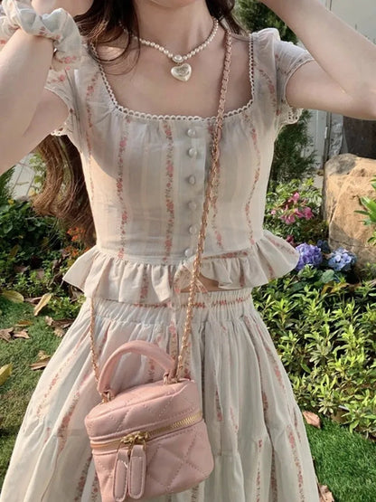 Summer Korean Ruffles Fairy 2 Pieces Set Square Collar Princess Kawaii Print Blouse+high Waist Skirts Suits