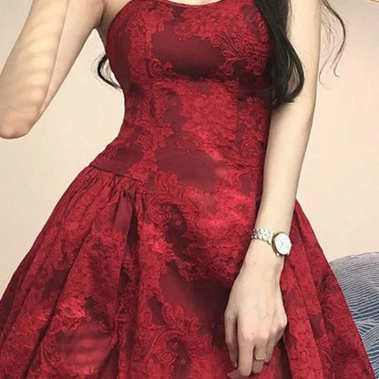 Y2k Red Dresses Aline Sleeveless Mini Dress Korean High Waist Vestidos Mujer