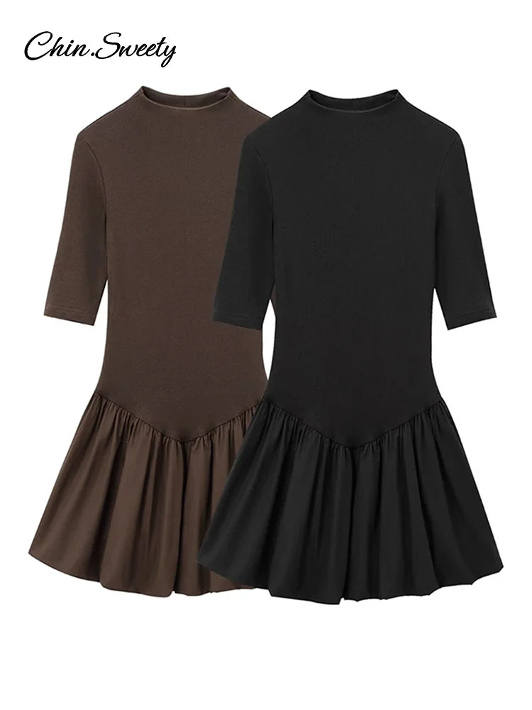 Knitted Patchwork Brown A-line Dress O-neck Short Sleeves Pleated Ruffles Mini Dresses Lady Vestidos