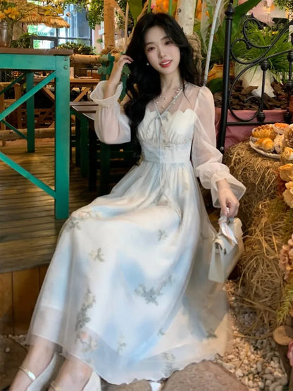 French Printed Midi Dress for Lantern Sleeve Vneck Slim Waist Aline Vestidos Birthday Party Robe