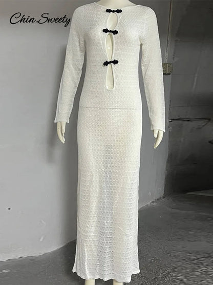 Hollow Out Knitted Maxi Dress Long Sleeve O-neck White Black Holiday Dresses Female Summer Lady Slim Fit Robes