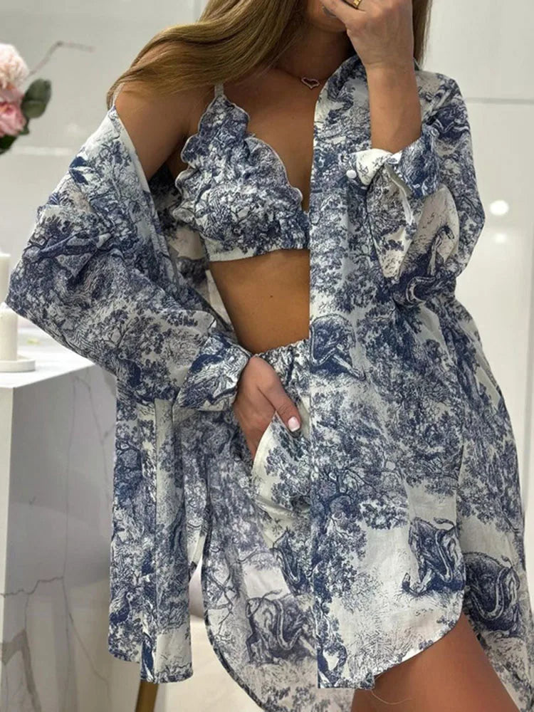 Retro Ink Shirt Three-piece Shorts Suit ’s Summer Long Sleeve Button Print Shirt With Shorts Suit