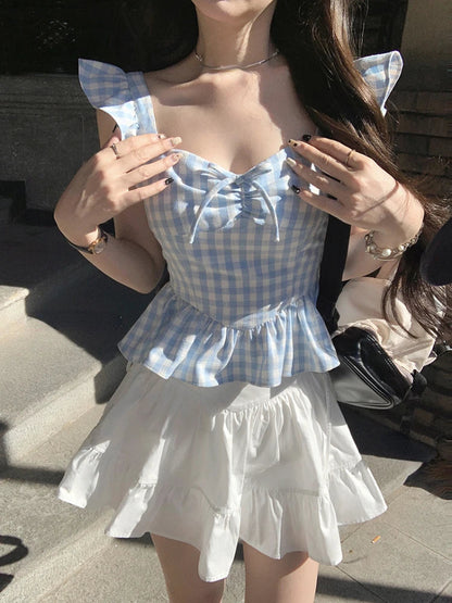 Summer Sweet Plaid Y2k Mini Dress Bow Sleeveless Japanese Kawaii Dresses Beach Party