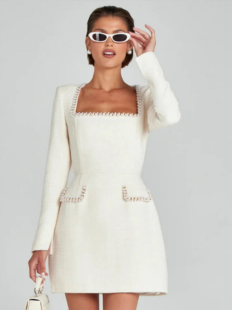 Tweed Mini Dress Square Collar Long Sleeve Shoulder Pads Dresses Female Autumn Lady Highstreet Robes