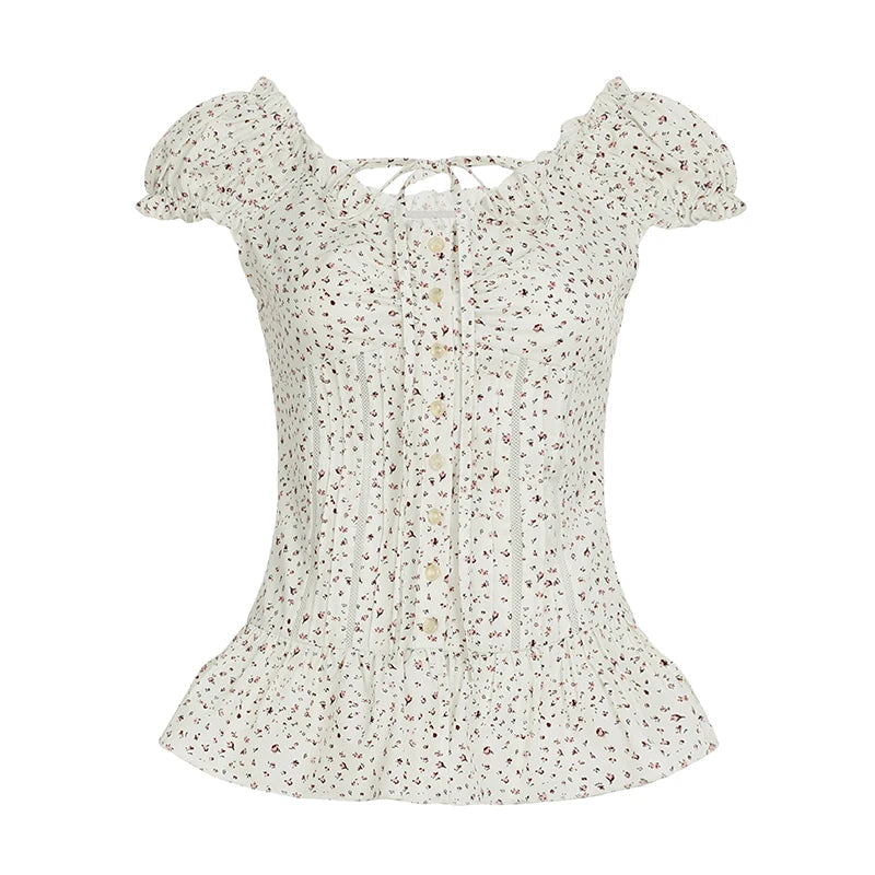 Print Ruched Aline Blouse French Style Singlebreasted Short Sleeve Top Slimming Tieup Collar Shirts