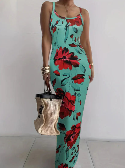 Color Tie Dye Print Spaghetti Strap Long Dresses Package Hip Bodycon Dress Female Club Vestidos