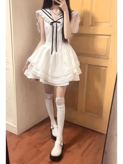 Woman Dress Sailor Collar Sleeveless Sweet Lace Patchwork Bow Preppy Style Mini Dresses Ball Gown Female