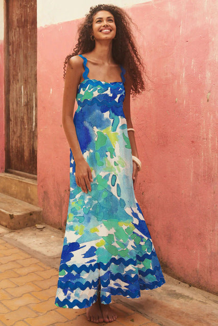Summer Printed A-line Long Dress Backless Holiday Beach Spaghetti Strap Dresses for Maxi Vestidos Para Mujer