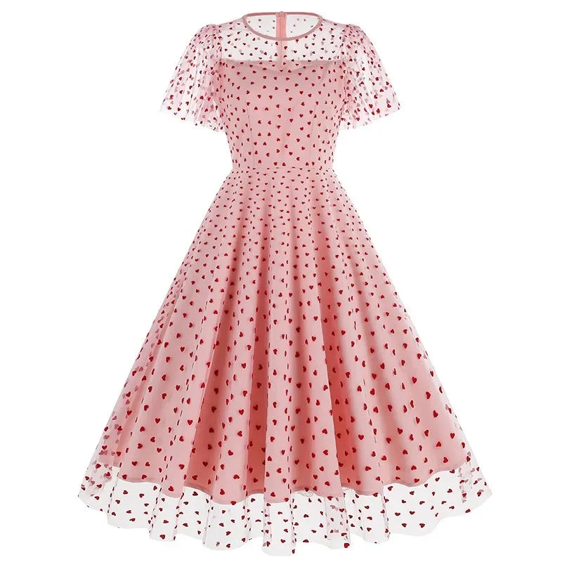 New Retro Pink Strawberry Mesh Birthday Long Dress 50s Flare Sleeve Summer Prom Evening Party Dresses