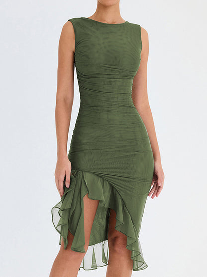 Ruffle Ruched Midi Dress for Robe Summer New Backless Sleeveless Irregular Club Party Dress Vestido