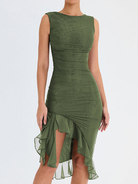 Ruffle Ruched Midi Dress for Robe Summer New Backless Sleeveless Irregular Club Party Dress Vestido
